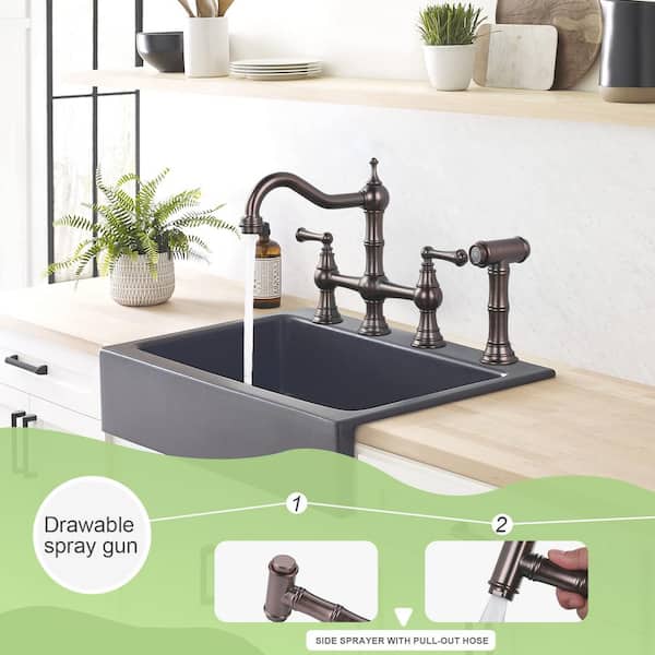 Antique Design Double Handle Bridge Kitchen Faucet with Side Sprayer in Antique Bronze