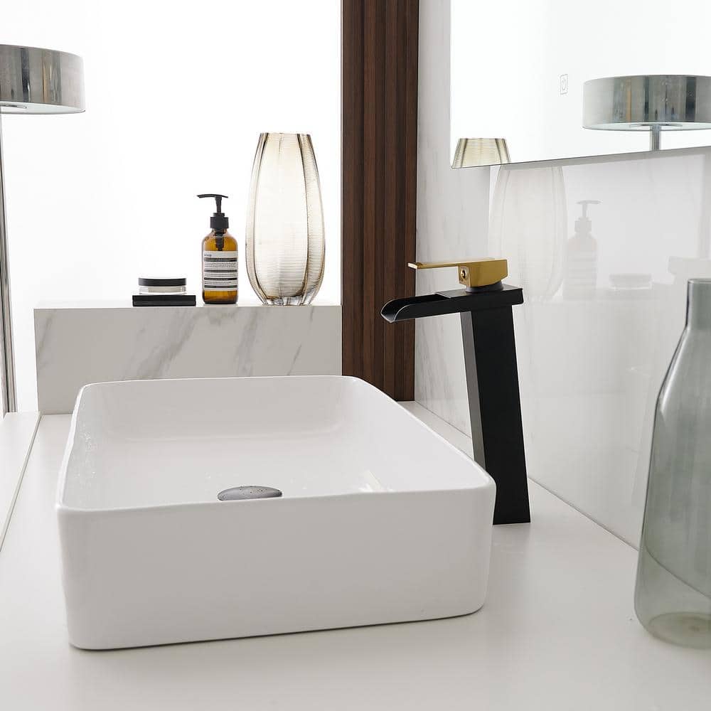 Matte Black and Gold Single Handle Waterfall Vessel Faucet
