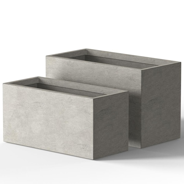 Modern 12 in., 16 in. High Large Tall Elongated Square Light Gray Outdoor Cement Planter Plant Pots Set of 2