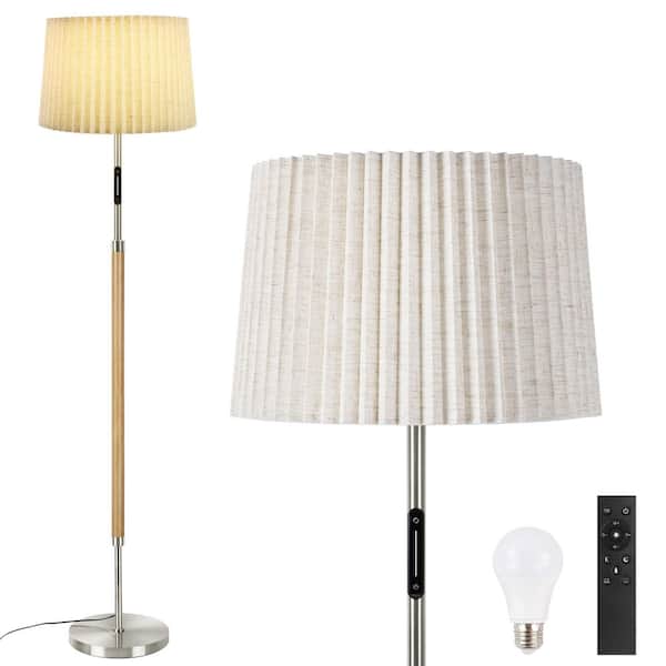 BICIK 61 in. Original Wood Color 1-Light LED Energy Efficient Standard Floor Lamp with Double Lampshade