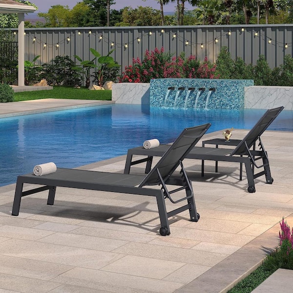 PURPLE LEAF Aluminum Outdoor Patio Metal Chaise Lounge with Wheels and Side Table for Outside Beach Sunbathing (Set of 2)
