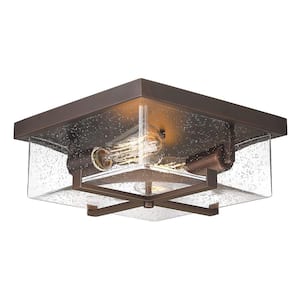 11 in. 2-Light Oil Rubbed Bronze Flush Mount With Seeded Glass Shade and No Bulbs