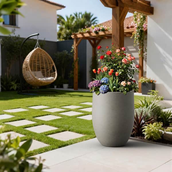 16in. W x 21.5in. H Concrete Tall Round Flower Planter Handcrafted Stone Gray Large Plant Pots with Drainage Hole