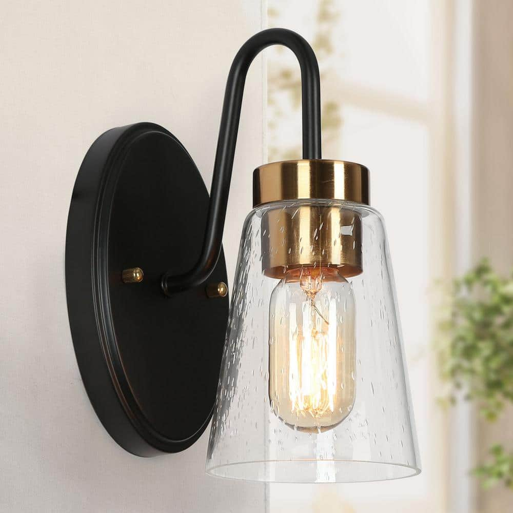 Zevni 1-Light Black Indoor Wall Sconce, Cone Seeded Glass Wall Light ...