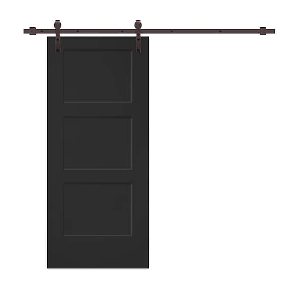 CALHOME 36 in. x 80 in. Black Stained Composite MDF 3-Panel Equal Style Interior Sliding Barn Door with Hardware Kit
