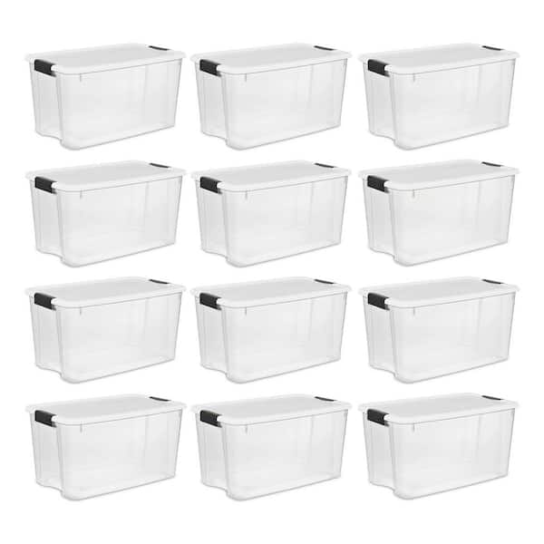 Sterilite 70 Qt. Plastic Stacking Storage Box in White Lid and Clear Base with Black Latches (12-Pack)