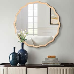 31 in. L x 31 in. W Wavy Round Solid Wood Framing Wall Mount Bathroom Vanity Mirror in Natural