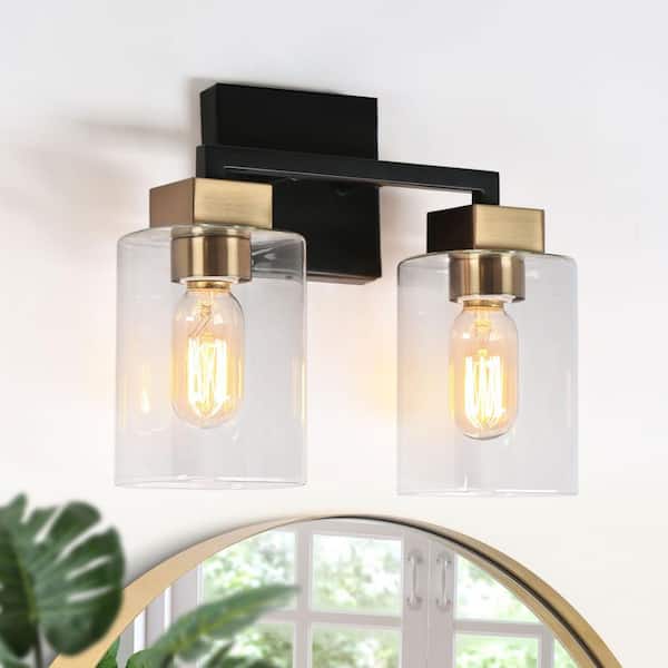 12 in. 2-Light Brass Vanity Light for Bathrooms, Clear Glass Black Bath Lighting, Modern Farmhouse Indoor Wall Sconce