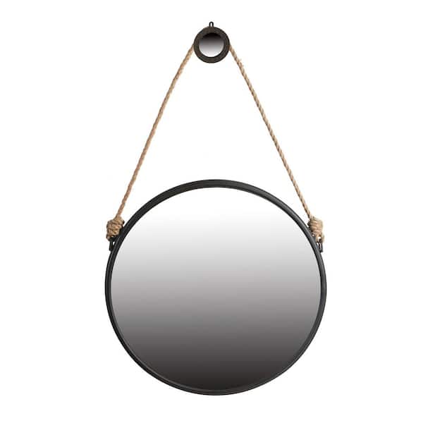 Unbranded 29.5 in. x 1.8 in. x 29.5 in. On-Trend Hanging Round Mirror, Black Iron Framed Rope Strap Contemporary Industrial Decor
