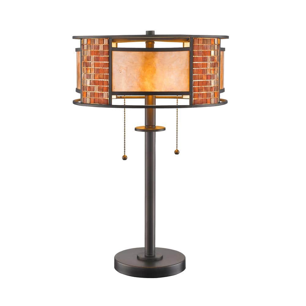 Parkwood 22 in. 2-Light Bronze Table Lamp with White Mica and Tile Glass Sh