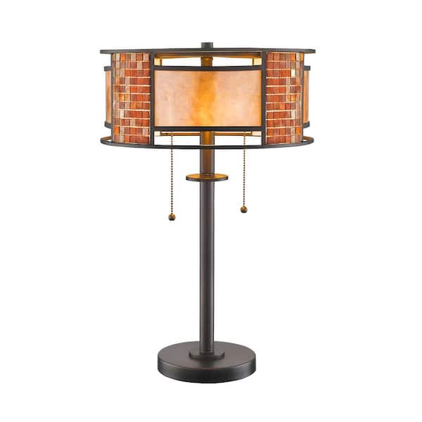 Unbranded Parkwood 22 in. 2-Light Bronze Table Lamp with White Mica and Tile Glass Shade with No Bulbs Included