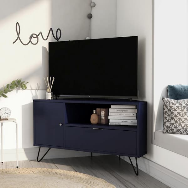 Furniture of America Chappa 41.38 in. Navy Corner TV Stand Fits TV's up to 47.58 in. with Open Shelf