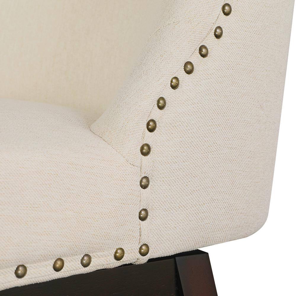 Off-White Linen Upholstered Swivel Counter Stools with Wood Legs, Set of 3