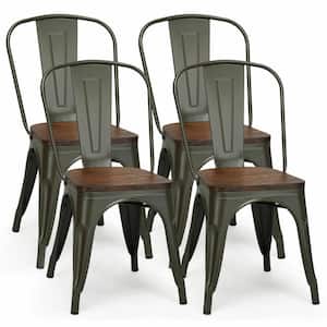 Tolix Style Gun Metal Dining Side Chair Wood Seat Stackable Bistro Cafe (Set of 4)