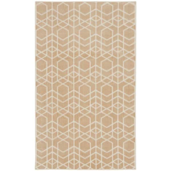 Washable Charm Beige Ivory 3 ft. x 5 ft. Geometric Contemporary Area Rug