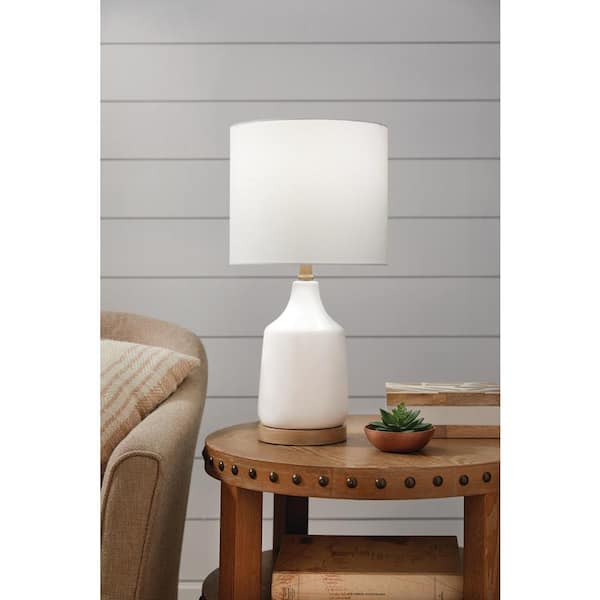 Hampton Bay Saddlebrook 21.5 in. Cream Ceramic and Faux Wood Table Lamp with White Fabric Shade - Title 20