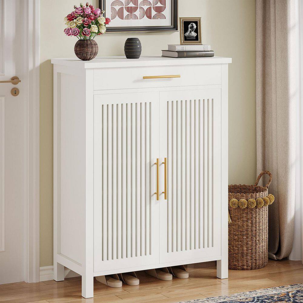 43 in. H x 32 in. W White Wood Shoe Storage Cabinet with Adjustable Shelves and Drawer for Entryway, Hallway, Closet