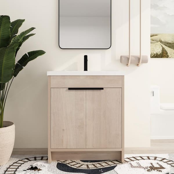 ARTCHIRLY 30 in. W x 18.3 in. D x 35 in. H Freestanding Bath Vanity in Light Brown with White Resin Vanity Top