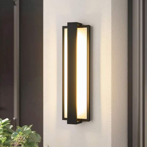 Rennnsan Agnes 16.14 in. Matte Black with White Sleek Rectangular Waterproof 3000K LED Outdoor Wall Light