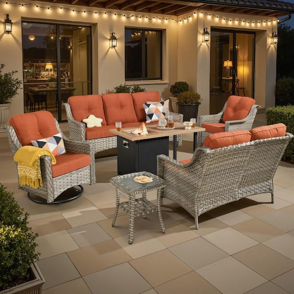 Toject Eureka Grey 6-Piece Wicker Outdoor Patio Conversation Sofa Loveseat Set with a Storage Fire Pit and Orange Red Cushions