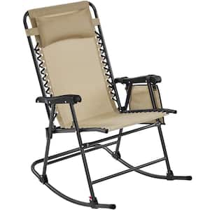 26in Foldable Outdoor Lounge Chair Zero Gravity Rocking Mesh Patio Recliner Chair with Headrest Pillow Beige