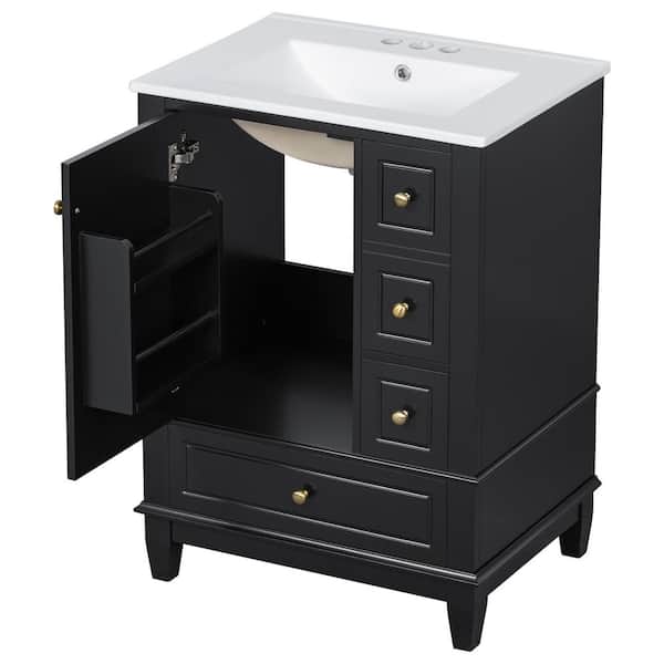 24 in. Single Sink Freestanding Black Bath Vanity with White Ceramic Top, 3 Drawers, Soft Close Doors, Unassembled