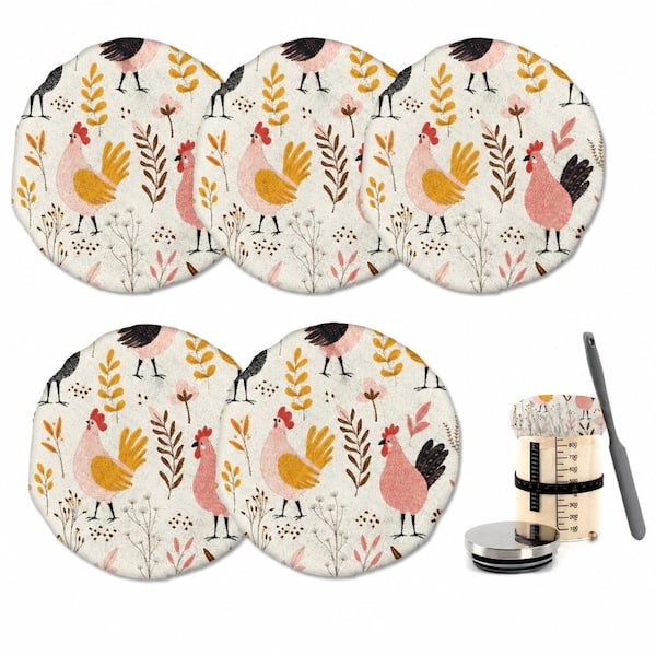 Rooster Floral Reusable Polyester Cloth Covers for Sourdough Starter Jars, 5-Pack for 3 to 4 in Mouths