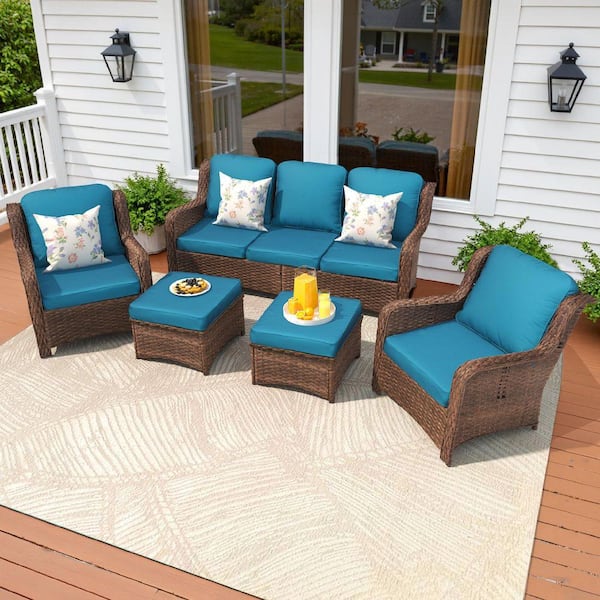 Brown 5-Piece Wicker Outdoor Sofa Couch Patio Conversation Set with Peacock Blue Cushions