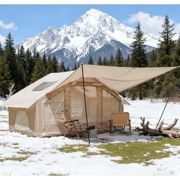 LuckByte 9.83 ft. x 6.83 ft. Beige Camping Tent with Clear