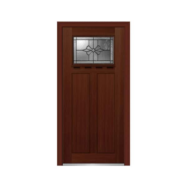 MMI Door 32 in. x 80 in. Dahlia Left-Hand Inswing 1-Lite Decorative Craftsman Stained Fiberglass Fir Prehung Front Door w/ Shelf