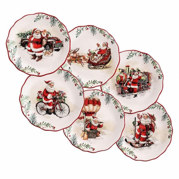 6 in. Santa On The Way 18 fl. oz. Red & White Ceramic Salad, Dessert Plate Set, Set of 6, Dishwasher Safe for Christmas