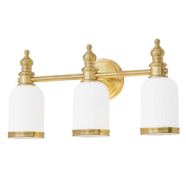 19. 88 in. Gold 3-Light Bathroom Vanity Light with Milky White Glass Shades, Dimmable, Suitable for Bathroom Living Room