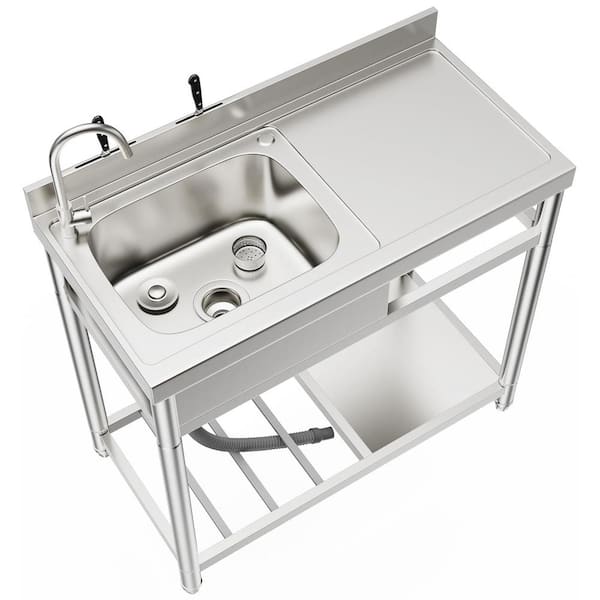 Free Standing Stainless-Steel Single Bowl Commercial Restaurant Kitchen  Sink Set w/Faucet & Drainboard, Prep & Utility Washing Hand Basin  w/Workbench