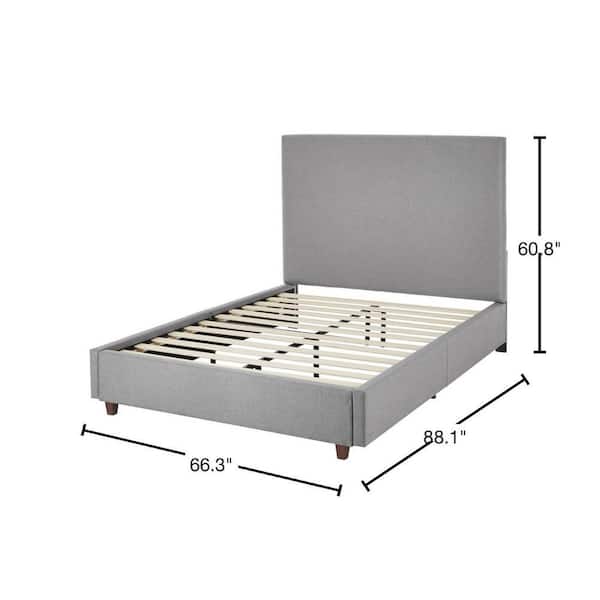 Charcoal Gray Upholstered Platform Queen Bed with Square Headboard