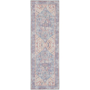 57 Grand Machine Washable Light Grey/Blue 2 ft. x 6 ft. Bordered Traditional Kitchen Runner Area Rug