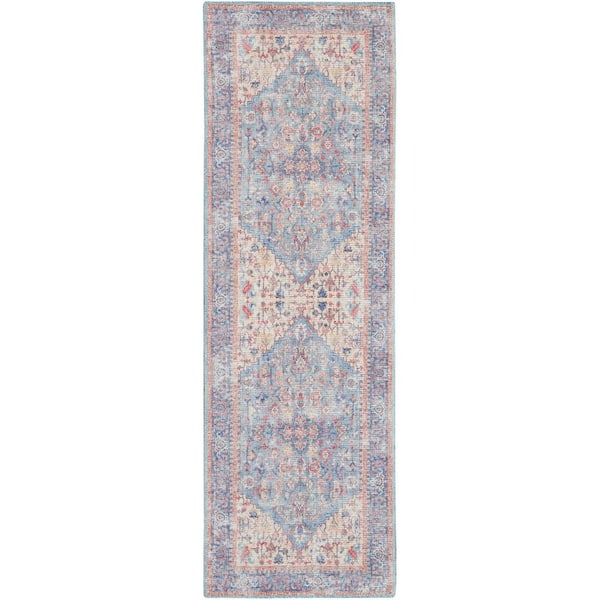 57 GRAND BY NICOLE CURTIS 57 Grand Machine Washable Light Grey/Blue 2 ft. x 6 ft. Bordered Traditional Kitchen Runner Area Rug