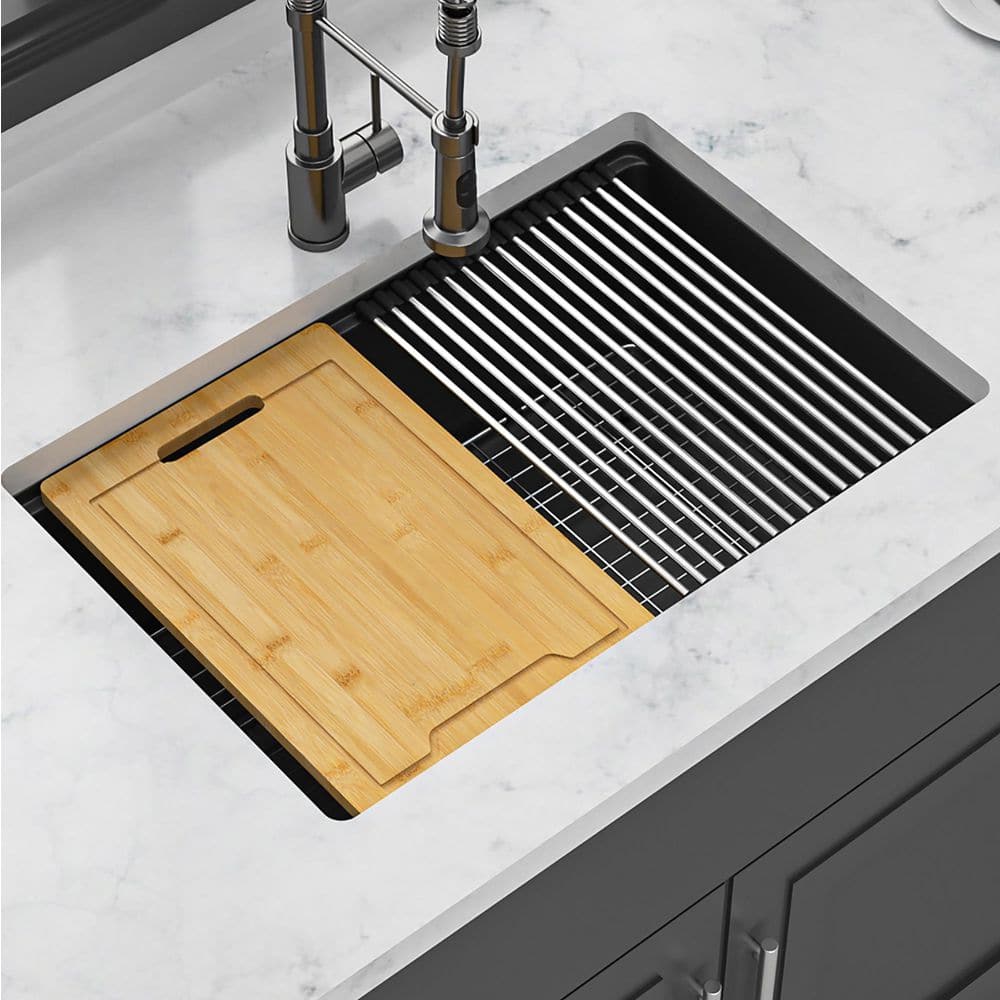 28 in. Undermount Single Bowl Quartz Black Kitchen Sink with Workstation