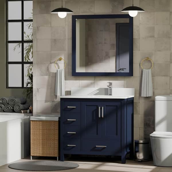 Jacques 36 in. W x 22 in. D Right Offset Navy Blue Bath Vanity and White Quartz Top