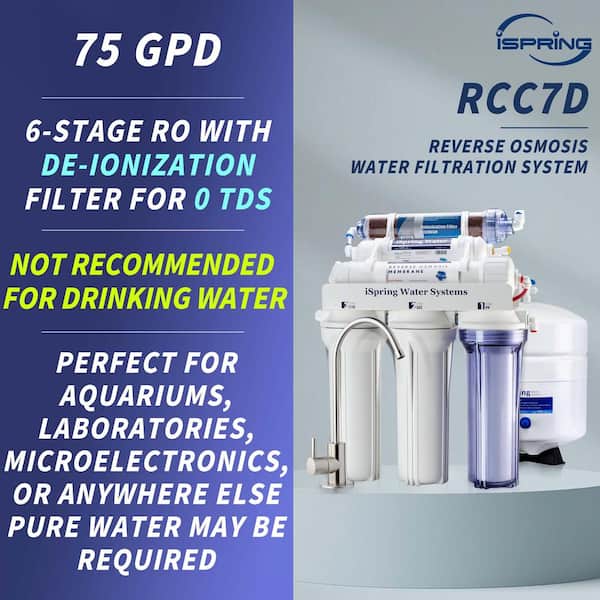 6-Stage 75GPD Under sink Reverse Osmosis Water Filter System with De-Ionization filter for 0 TDS