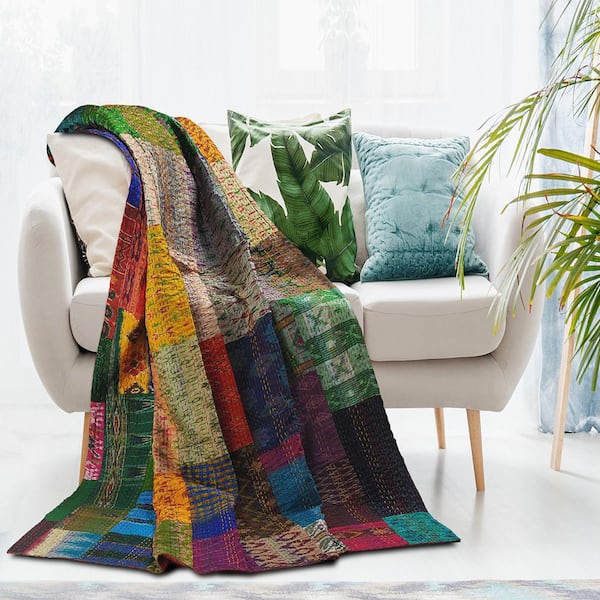 Unbranded Faith Multicolored Patchwork Hand-Stitched All Natural Cotton Blend Throw Blanket