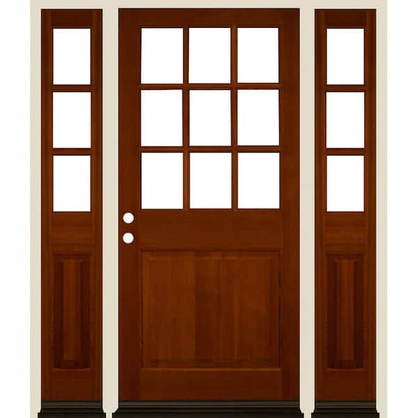 Krosswood Doors 64 in. x 80 in. Farmhouse 9-Lite Clear Glass Right Hand Red Chestnut Stain Hemlock Wood Prehung Front Door w/ DSL