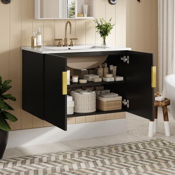 Floating 30 in. W Single Sink Black Vintage Bath Vanity with White Ceramic Top, Soft Closing Doors