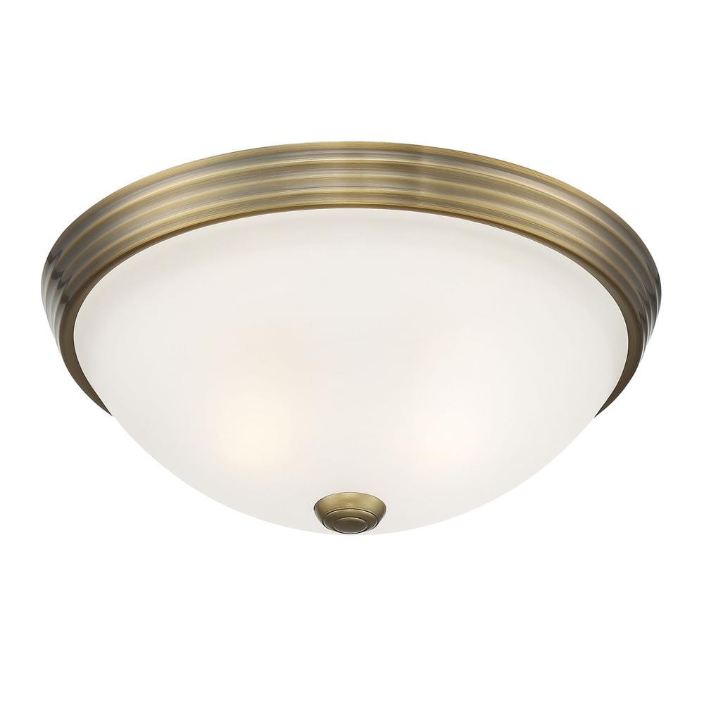 13" Warm Brass and White Etched Glass LED Flush Mount Light