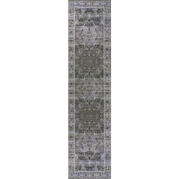 Alanya Ornate Medallion Machine-Washable Dark Green/Gray 2 ft. x 8 ft. Runner Rug