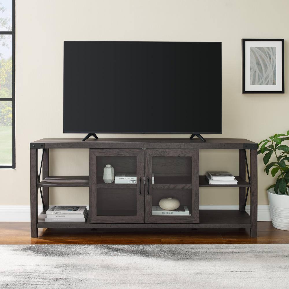 Welwick Designs 60 in. Sable Grey Wood and Glass Door Farmhouse MetalX