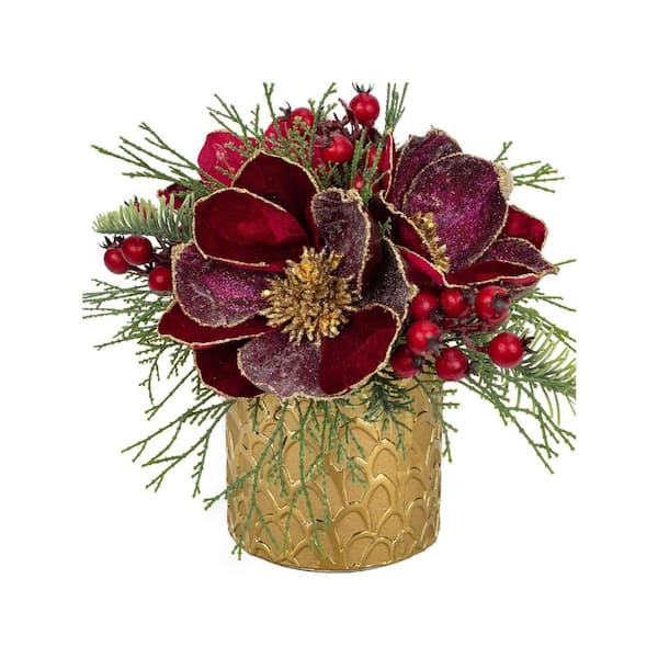 10 in. Red Indoor Artificial Magnolia Christmas Floral Centerpiece in Golden Ceramic Pot