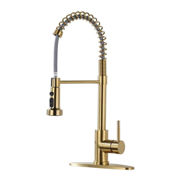Single Handle Pull-Down Sprayer Kitchen Faucet with 3 Spray Mode Stainless Steel in Brushed Gold