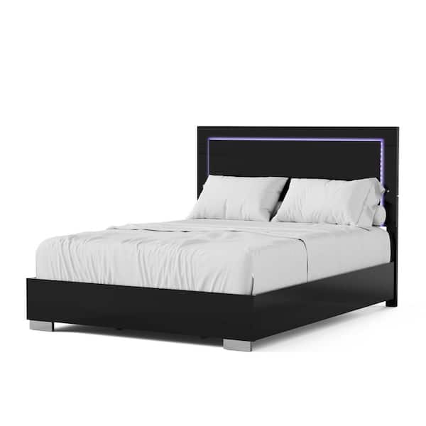 Furniture of America Mesala Piano Black Wood Frame Queen Panel Bed with LED on Headboard