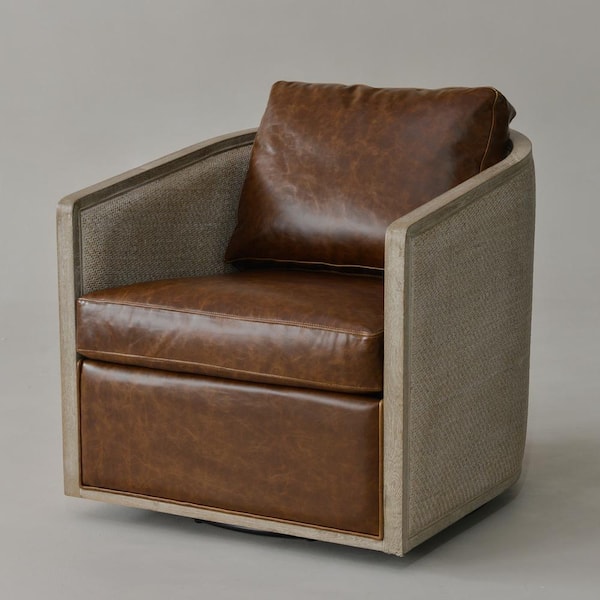 Coffee Genuine Leather Cane Swivel Barrel Club Arm Chair