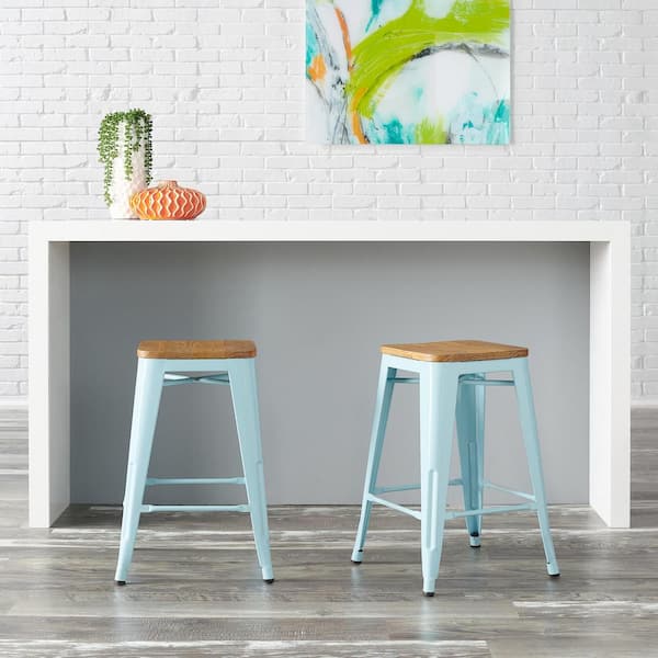 StyleWell Finwick Seafoam Blue Metal Backless Counter Stool with Natural Wood Seat (Set of 2)